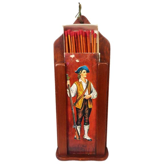 Vintage Wooden Long Matchstick Holder Wall Mount Fireplace Colonial Soldier 11" - Picture 3 of 8